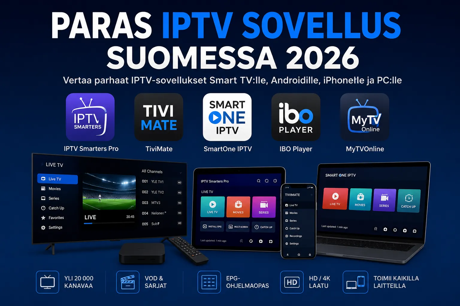 Paras IPTV Sovellus Suomessa 2026 Paras IPTV sovellus Suomessa 2026 Smart TV Android TV iPhone Apple TV PC