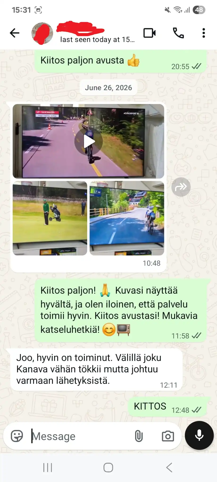 IPTV Finland asiakkaan WhatsApp palaute
